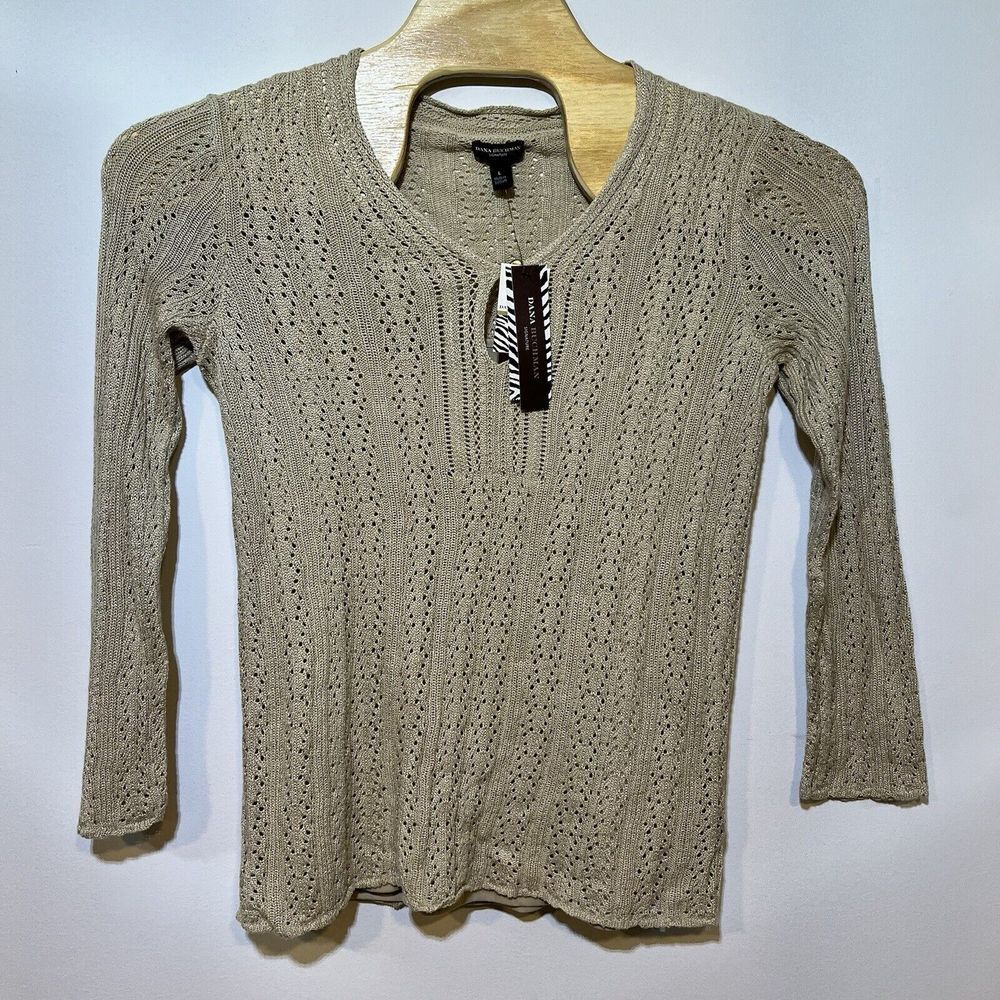 DANA BUCHMAN Signature Womens Large Tan Crochet Knit Sweater Lined Boho Hippie